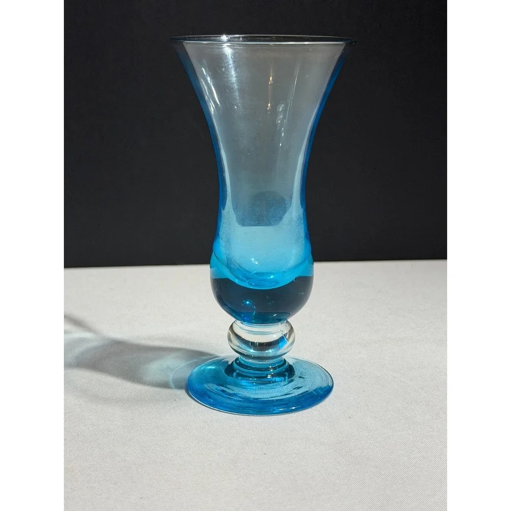 Vintage Blue Hand Blown Art Glass Bud Vase Hourglass Pedestal Base MCM